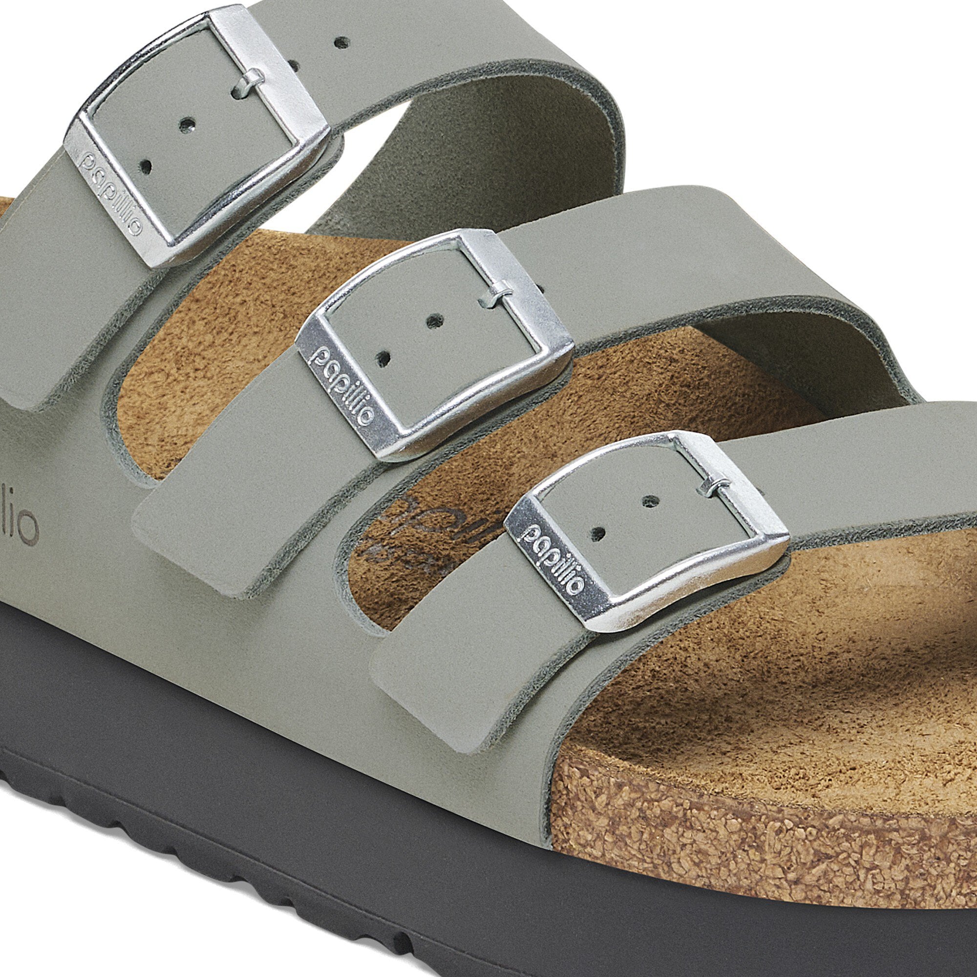 Birkenstock Papillio Florida III Flex platform women's narrow sandals, pure sage leather with arch support and buckle closure.