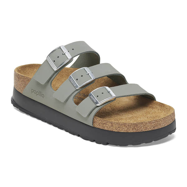 Birkenstock Papillio Florida III Flex platform ladies' narrow sandals with sage leather straps, buckle closures, cork footbed, and arch support.