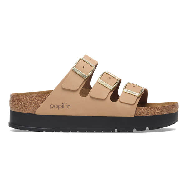 Birkenstock Papillio Florida III Flex platform ladies' narrow sandal with nubuck straps, arch support, buckle details, and cushioned cork footbed.