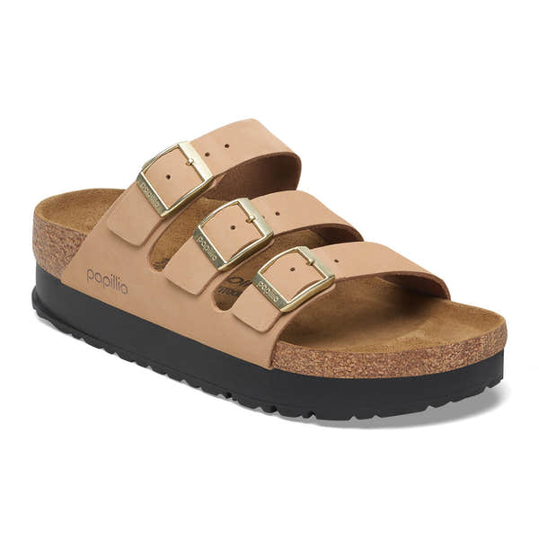 Birkenstock Papillio Florida III Flex Platform women's narrow buckled sandals in Nubuck with arch support, cork footbed, and black platform sole.