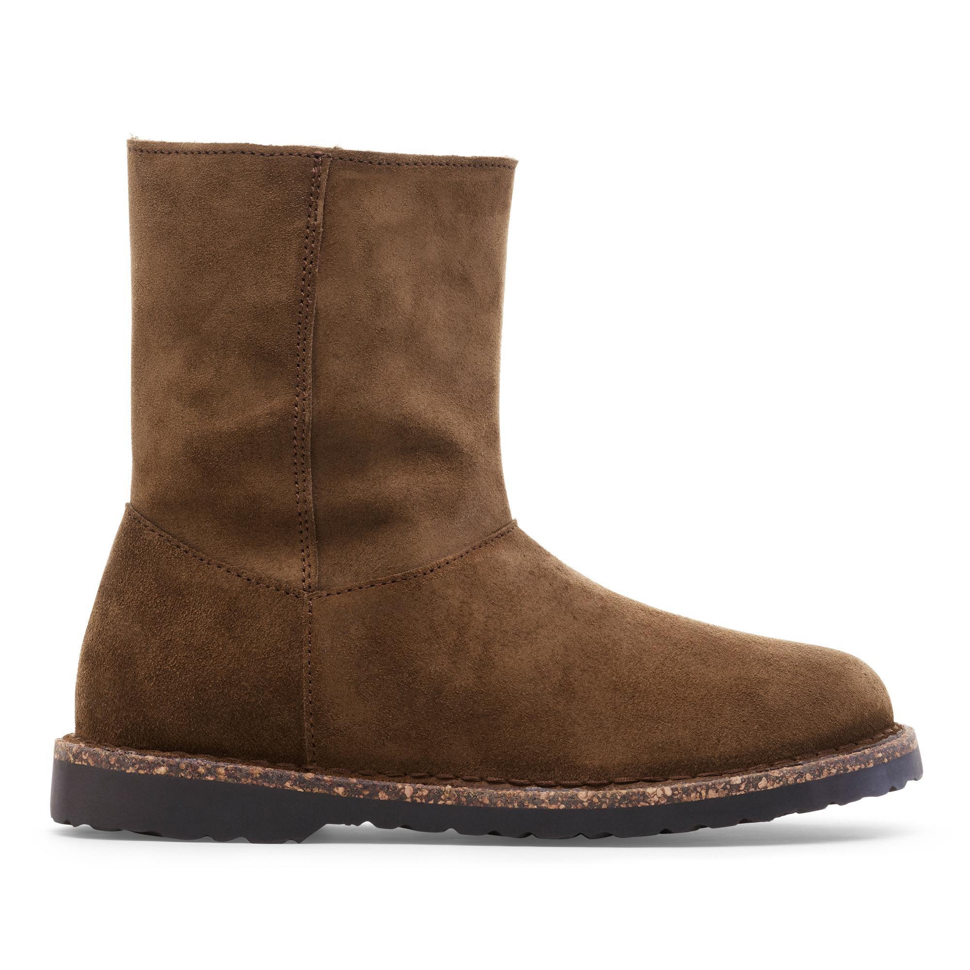 Birkenstock Uppsala shearling women's ankle boots in dark tea suede with side zip and arch support.