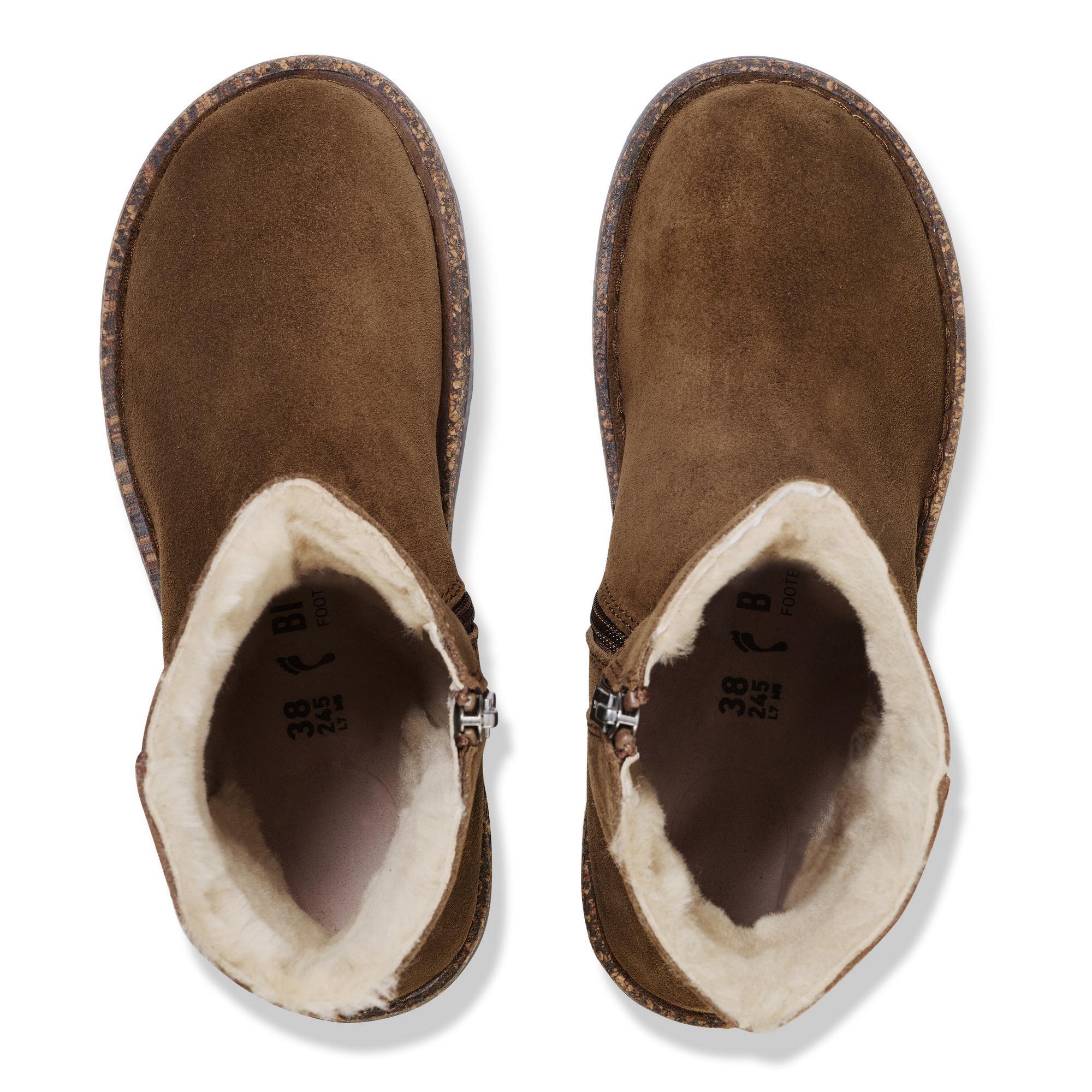 Birkenstock Uppsala Shearling Ladies Dark Tea Suede ankle boots with side zipper and arch support, insulated interior, size 38.