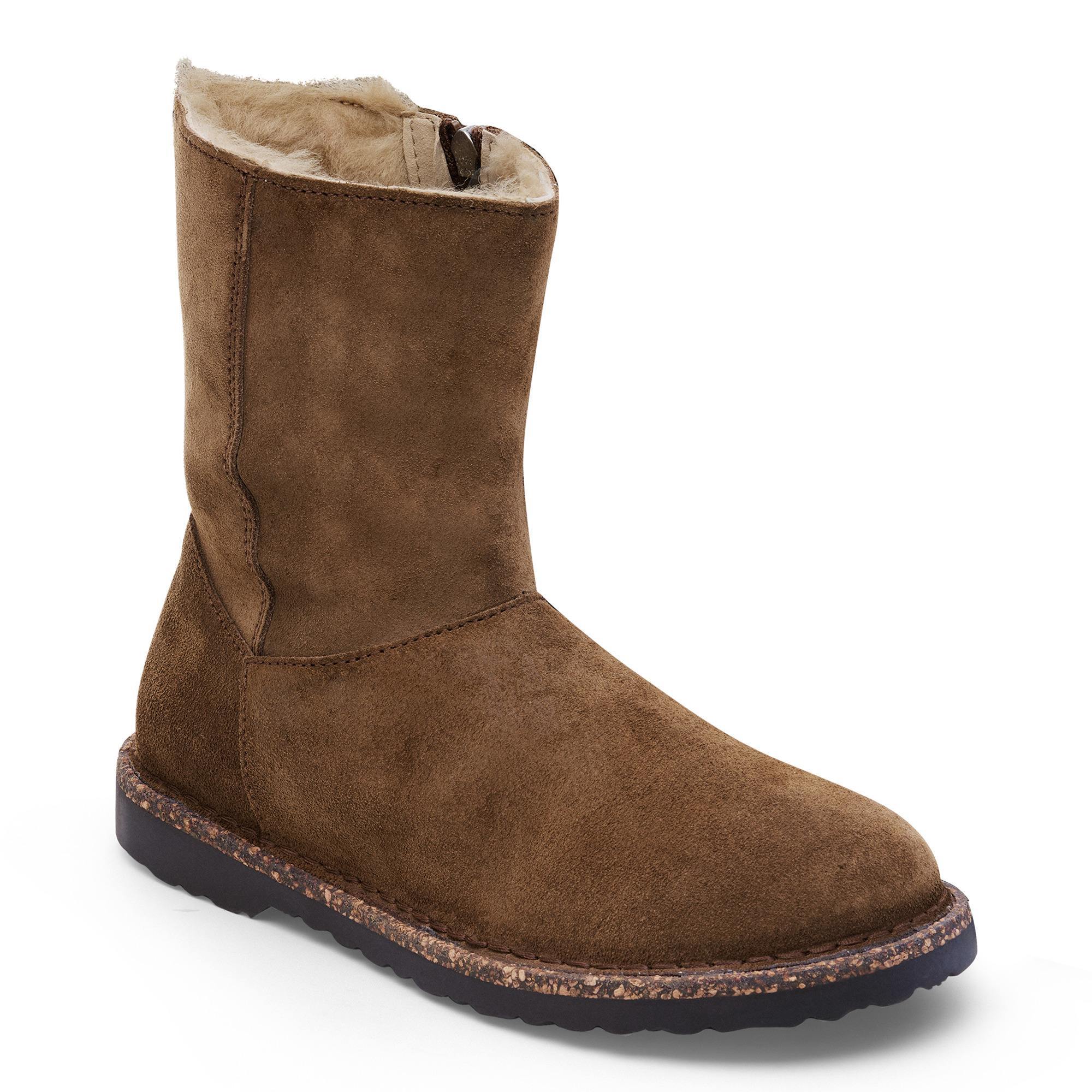 Birkenstock Uppsala shearling ankle boots in dark tea suede with side zipper and arch support.
