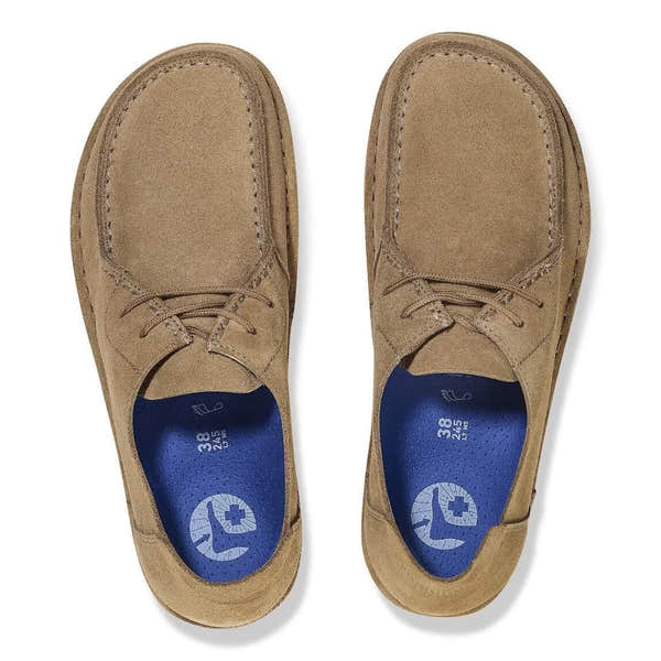 Birkenstock Utti Lace Suede unisex narrow gray taupe shoes with arch support, lace-up design, and suede material.