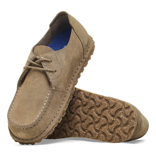 Birkenstock Utti Lace Suede shoes, unisex gray taupe narrow fit, arch support, lace-up suede casual footwear.
