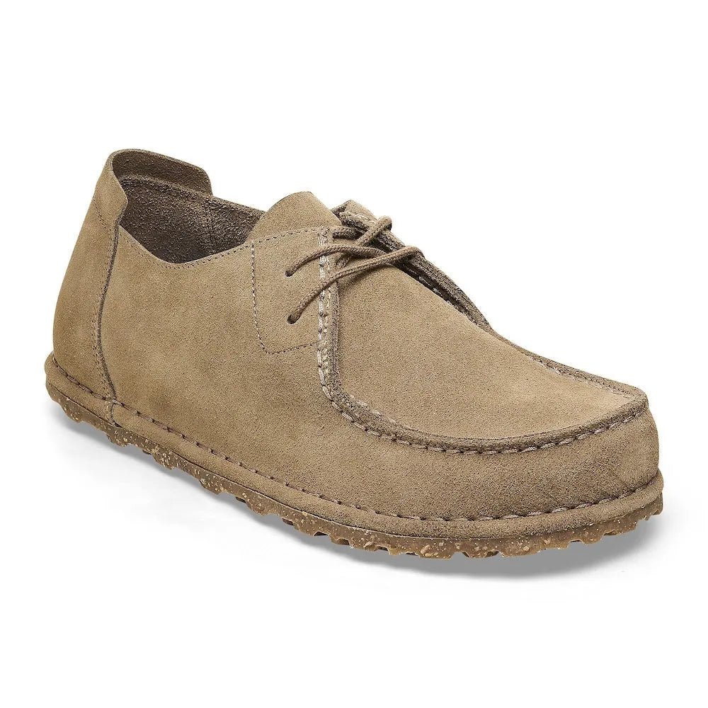 Birkenstock Utti Lace Suede shoes, unisex narrow fit, gray taupe suede, arch support, lace-up casual shoes.