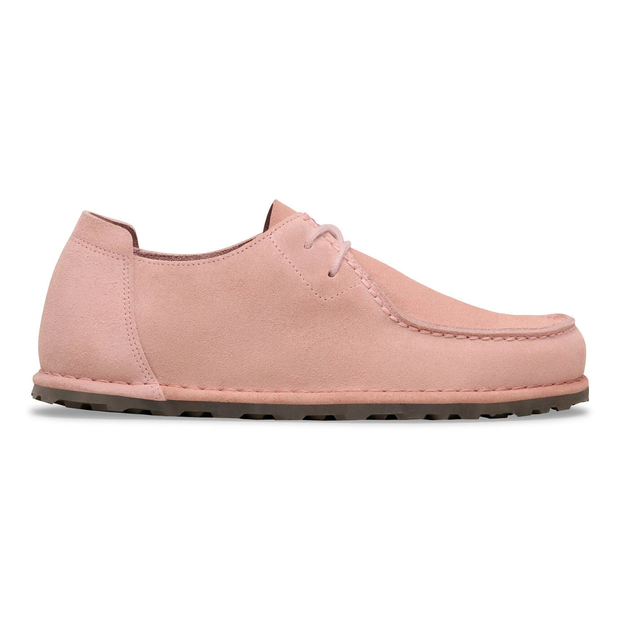 Pink suede unisex Birkenstock Utti Lace Shoes with arch support and lace-up design.