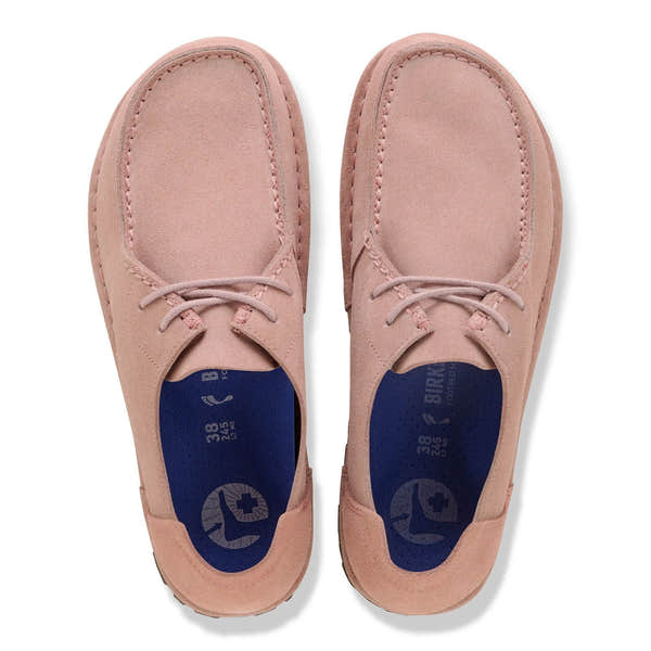 Birkenstock Utti Lace Shoes, pink suede, unisex, arch support, lace-up design, casual footwear.
