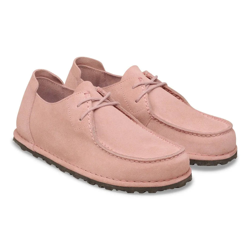 Birkenstock Utti Lace Suede shoes, unisex pink clay suede, with arch support, lace-up design, casual slip-on footwear.
