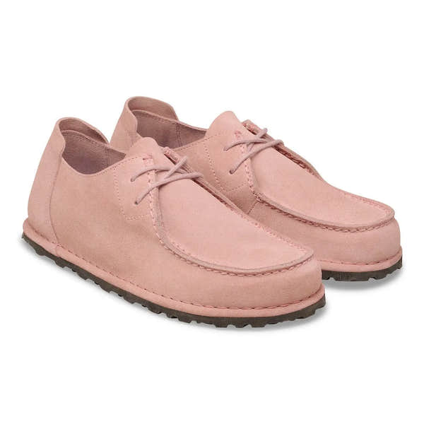 Birkenstock Utti Lace Suede shoes, unisex pink clay suede, with arch support, lace-up design, casual slip-on footwear.