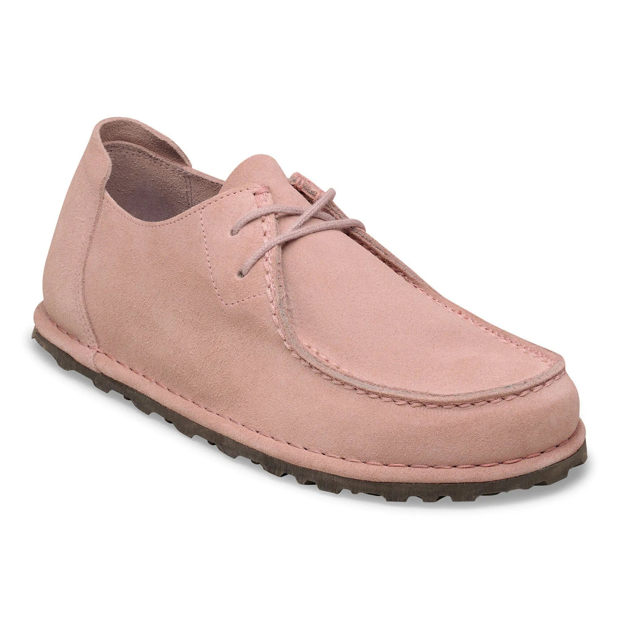 Pink suede Birkenstock Utti Lace unisex shoes with arch support, lace-up design, 1031554 model.