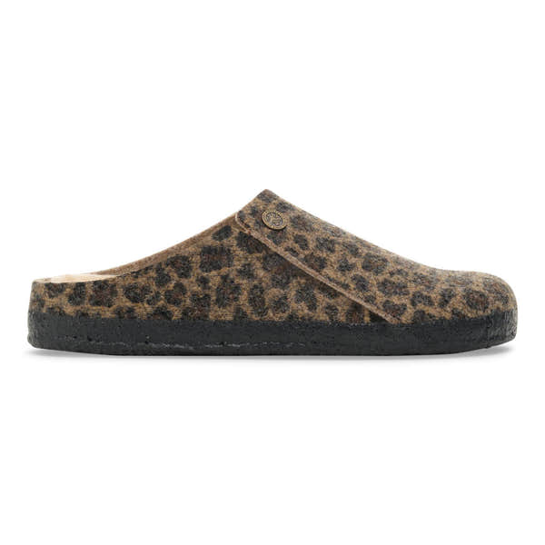 Birkenstock Zermatt Leopard shearling textile slip-on mules with arch support and black sole.