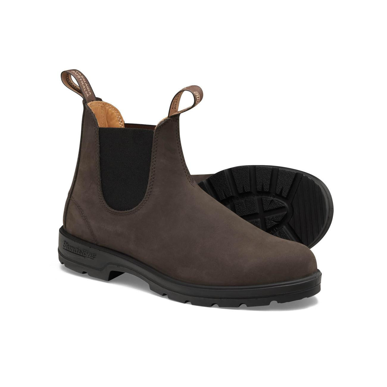 Blundstone Series #2345 unisex brown nubuck water-resistant ankle pull-on boots with black elastic sides and rugged rubber sole.