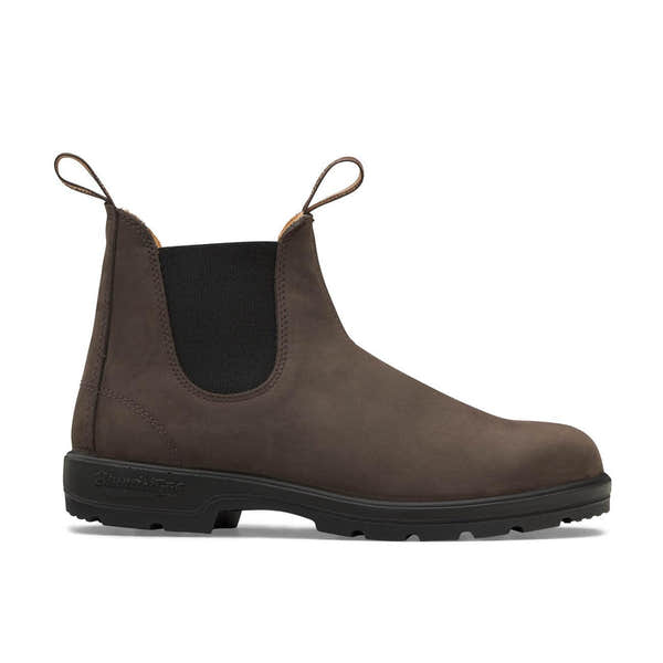 Blundstone Series #2345 unisex brown nubuck water-resistant ankle pull-on boots with elastic side panels and rugged outsole.