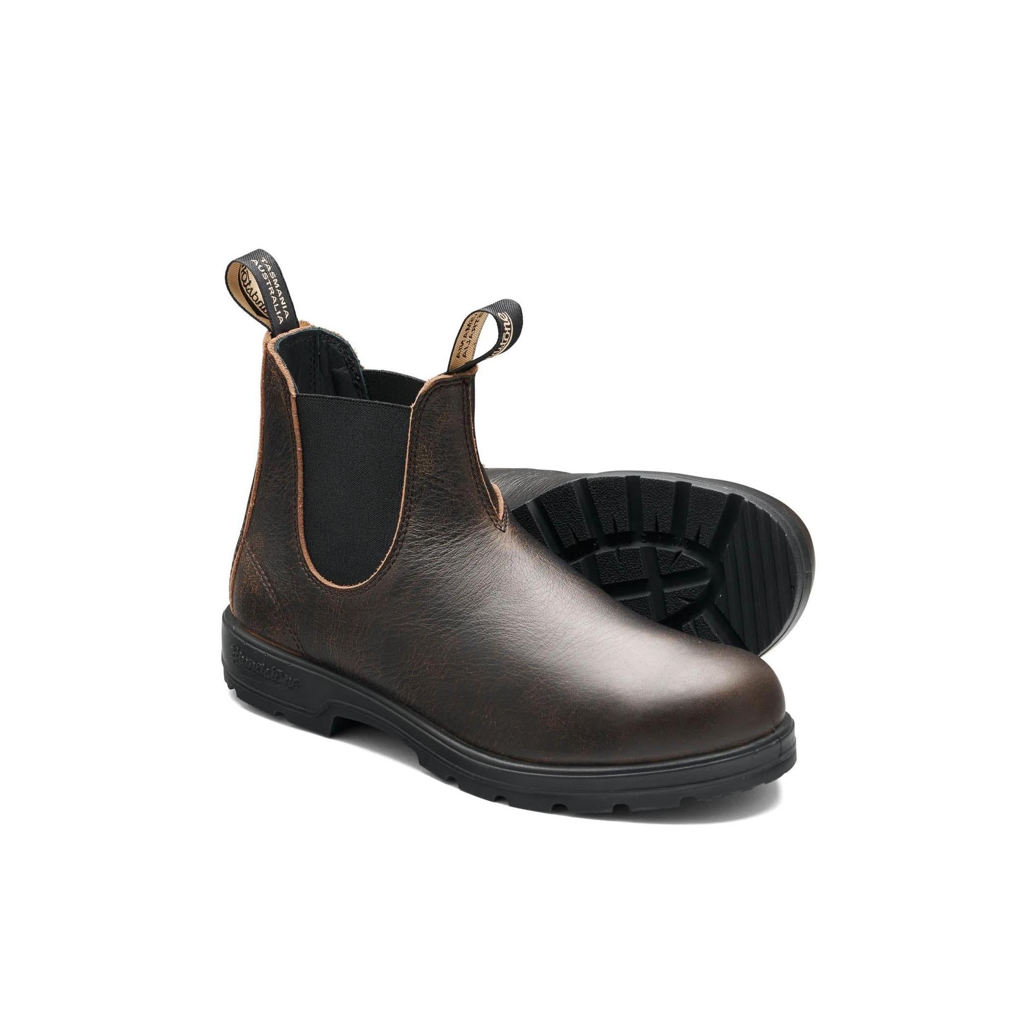 Blundstone Series #2440 unisex brown leather water-resistant pull-on ankle boots with elastic sides and durable rubber soles.