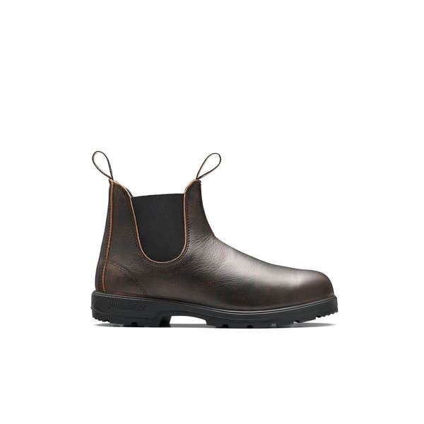 Blundstone Series #2440 unisex brown waterproof leather slip-on ankle boots with pull tabs and rugged outsole.