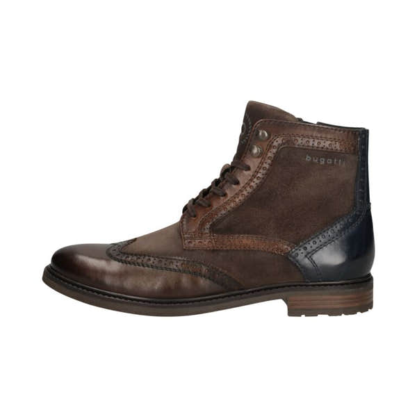 Bugatti men's dark brown and grey leather ankle boots with lace-up and zip closure, stylish brogue detailing.