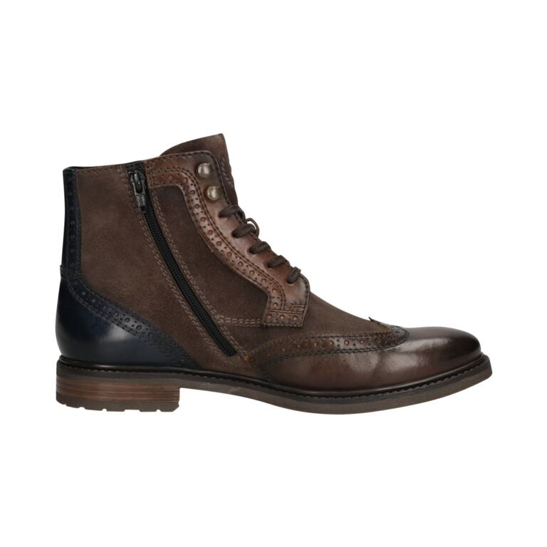 Bugatti Marcello Eco men's dark brown and dark grey leather ankle boots with zip and lace closure.
