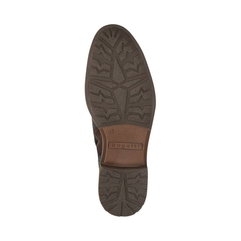 Bugatti Marcello Eco men's dark brown and grey leather ankle boots with zip and lace closure, durable sole with tread pattern.