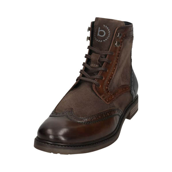 Bugatti Marcello Eco men's dark brown and dark grey leather ankle boot with lace-up and zip closure, stylish brogue detailing.