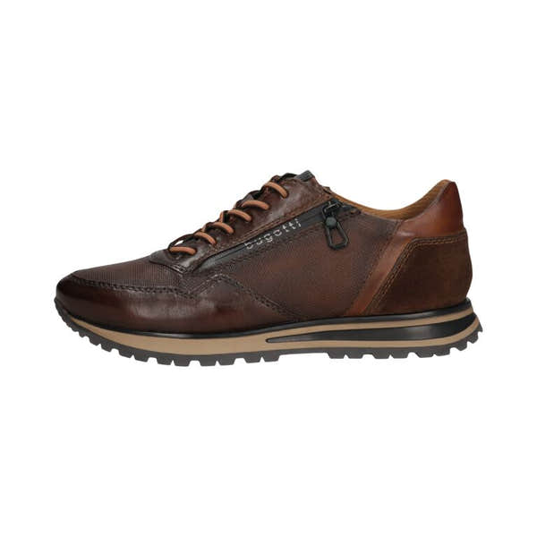 Bugatti men's brown leather zip and lace trainers with a sleek design, cushioned sole, and textured detailing.
