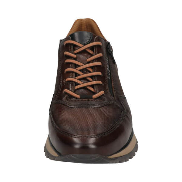 Men's brown leather zip and lace trainers with mesh details and sturdy rubber sole.
