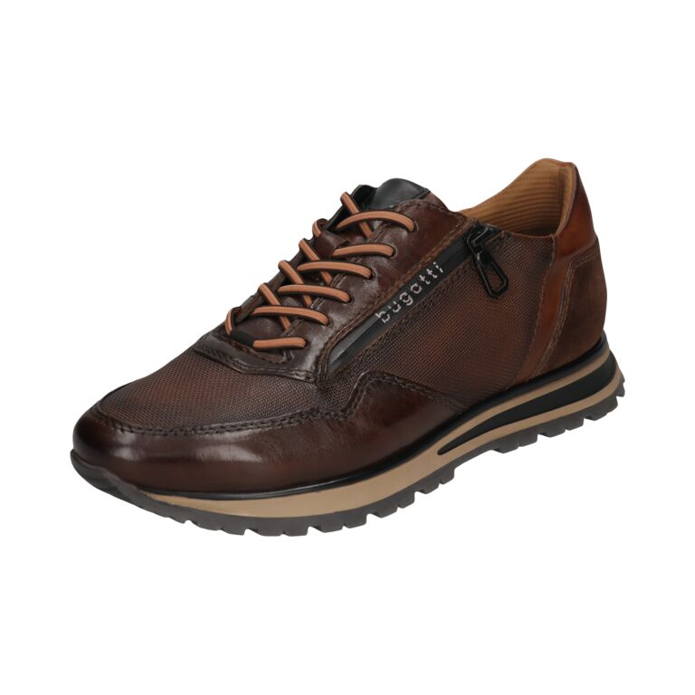 Men's brown leather zip and lace trainers with breathable mesh details, cushioned sole, and stylish design.