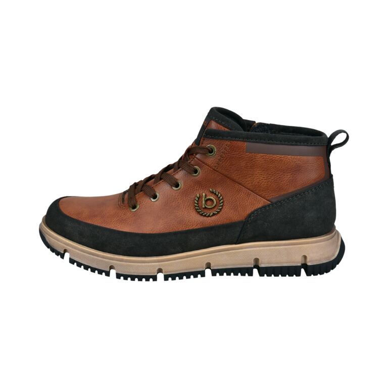 Bugatti Samper 341-AC239-5000-6300 men's cognac zip and lace ankle boots with black accents and beige sole.