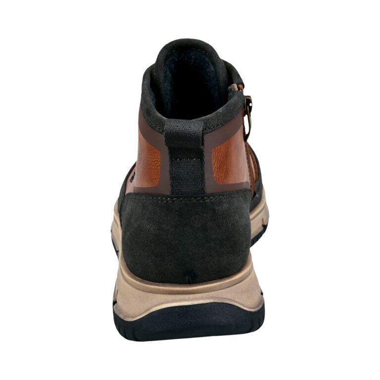 Bugatti men's Cognac zip and lace ankle boots with black suede accents and rugged sole.