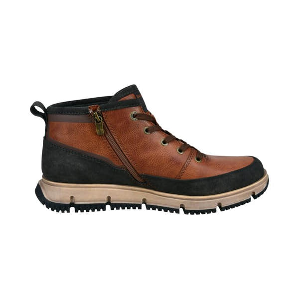 Bugatti men's cognac zip and lace ankle boots with black accents, beige sole, and side zipper detail.