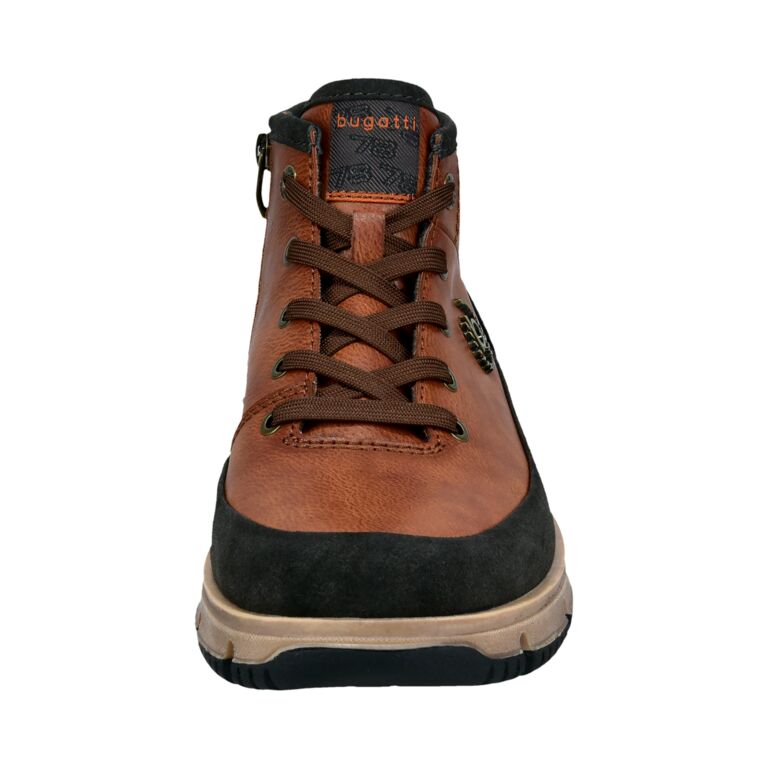 Bugatti men's cognac ankle boots with zip and lace-up design, featuring black suede toe cap and rugged sole.