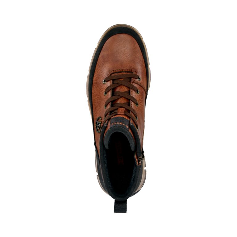 Bugatti Men's Cognac Zip and Lace Ankle Boots, stylish leather footwear with rugged sole, classic design, and side zipper detail.