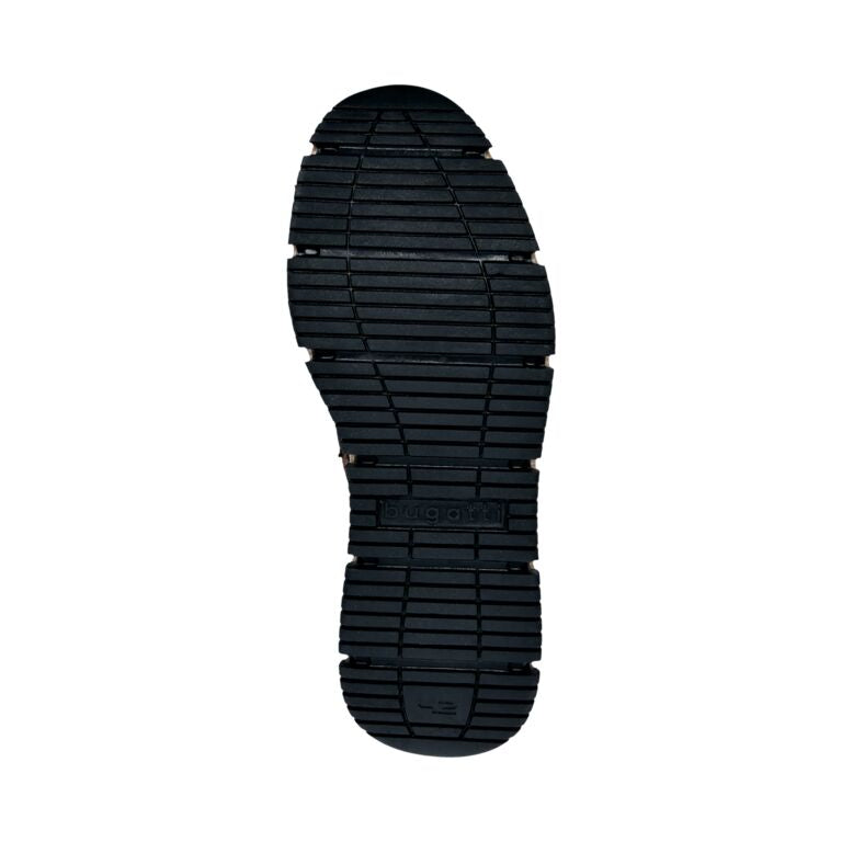 Bugatti Samper men's cognac zip and lace ankle boots, outsole view with rubber tread pattern and branding.
