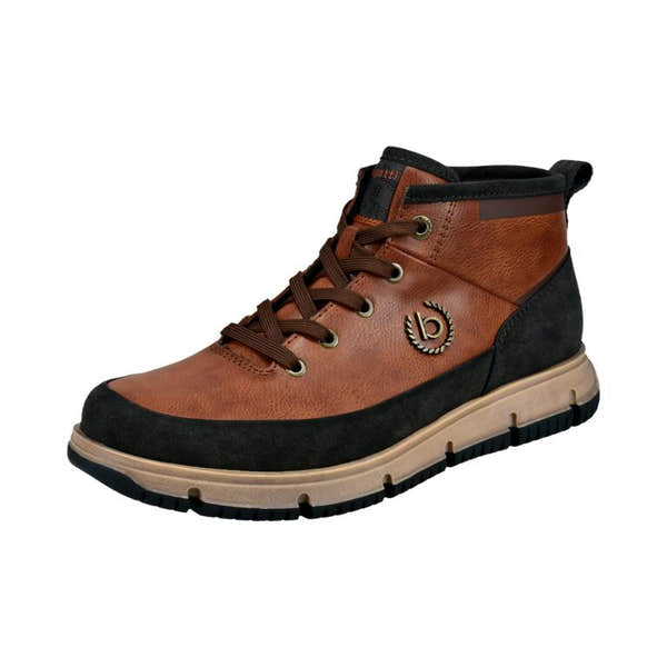 Bugatti men's cognac zip and lace ankle boots with black accents and beige sole.