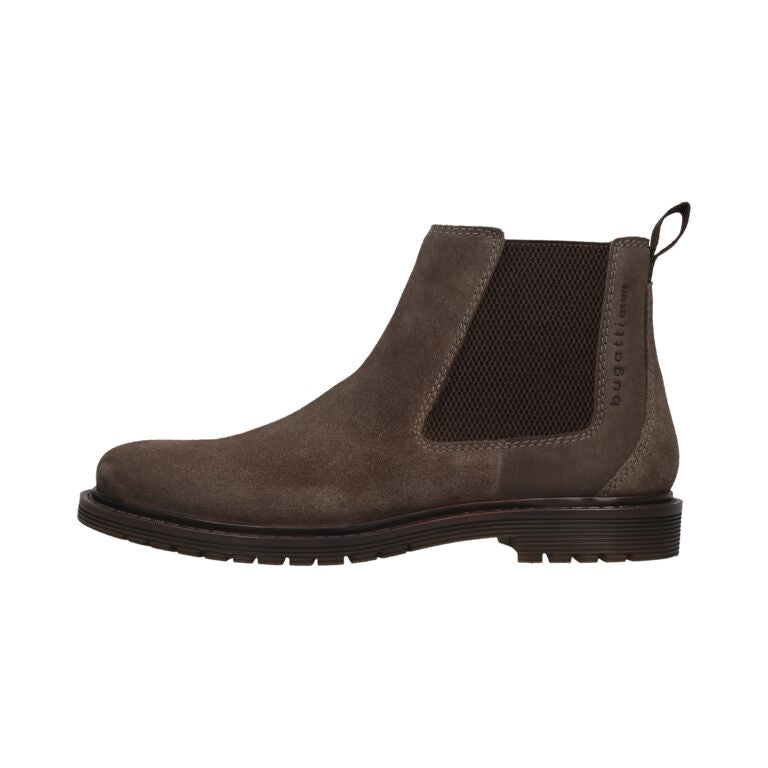 Bugatti Veda Evo men's dark grey suede pull-on ankle boots, stylish and comfortable footwear with elastic side panels.