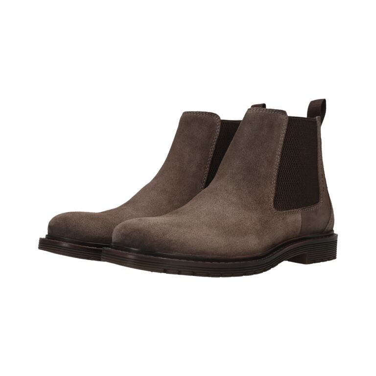 Bugatti Veda Evo men's dark grey suede pull-on ankle boots with black elastic sides and low heel.