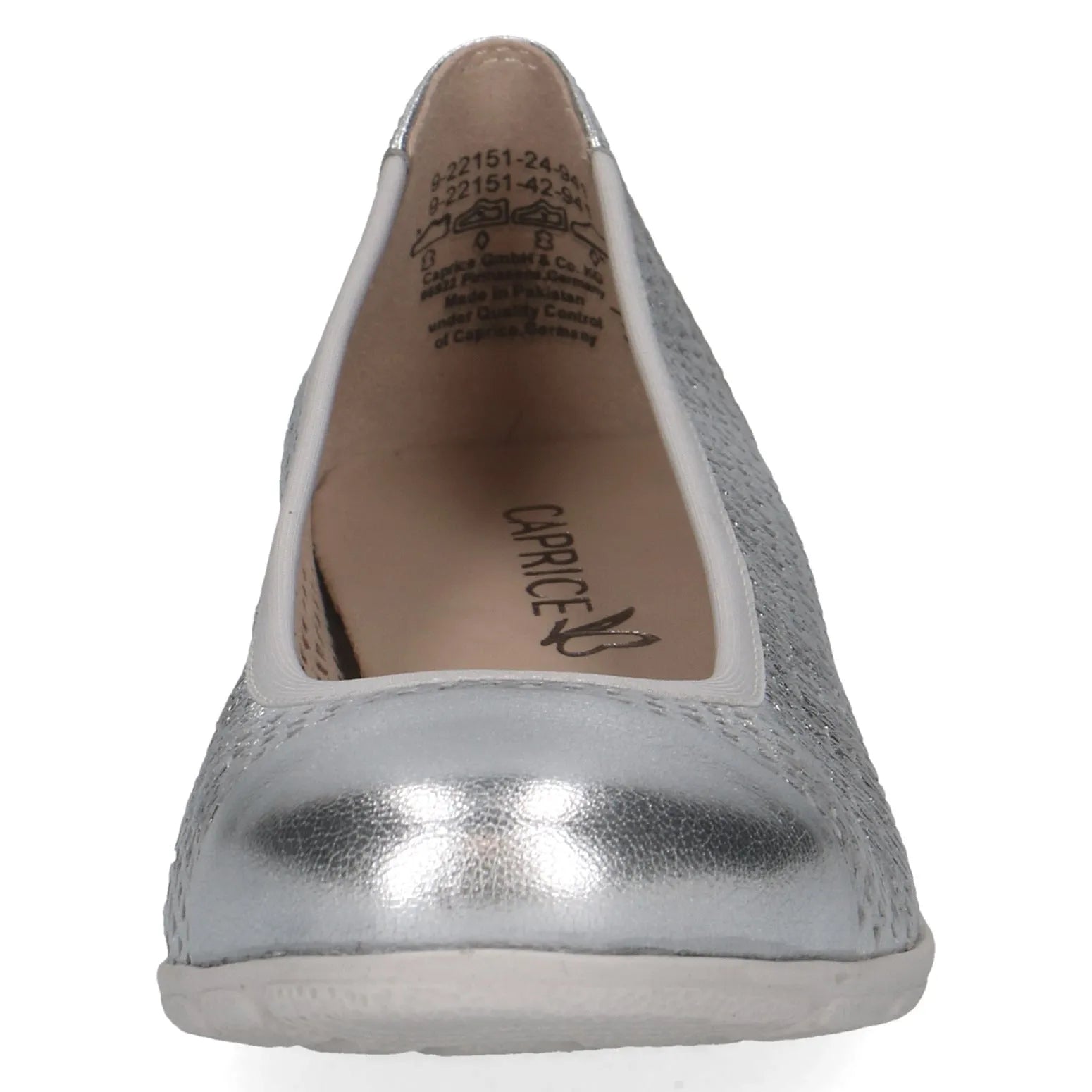 Caprice Vivian Ladies Silver Leather Slip-On Shoes, pointed toe, metallic finish, comfortable slip-on design.