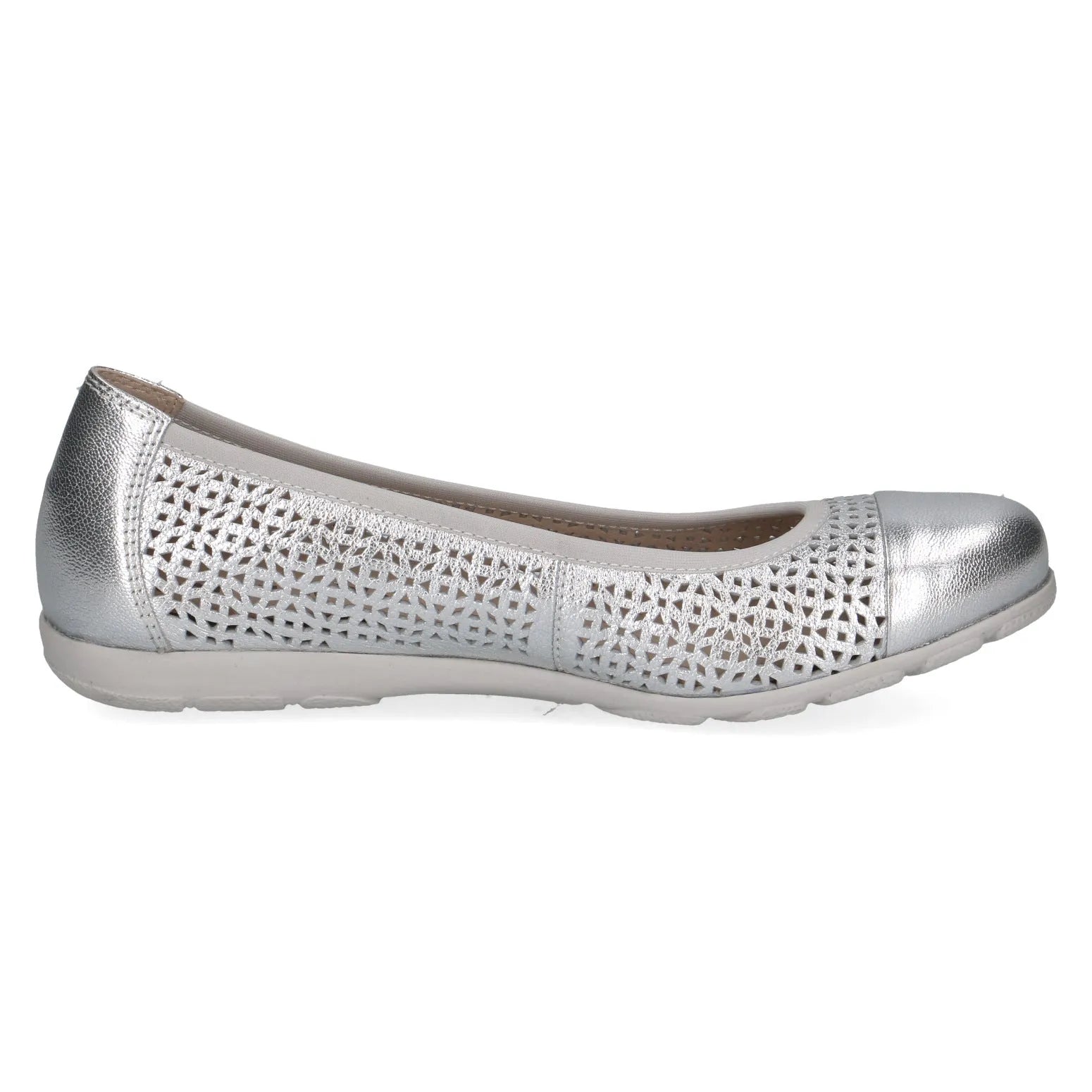 Caprice Vivian women's silver leather slip-on ballet flats with perforated design and rounded toe.