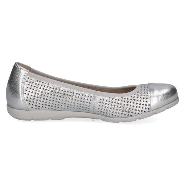 Caprice Vivian women's silver leather slip-on ballet flats with perforated design and rounded toe.
