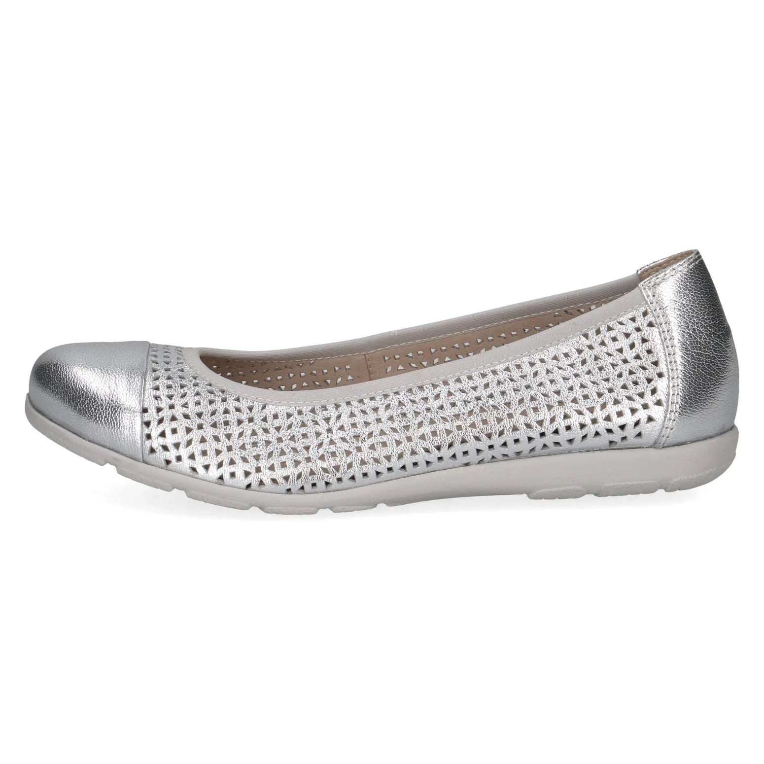 Caprice Vivian Ladies Silver Leather Slip-On Shoe with perforated design and rounded toe.