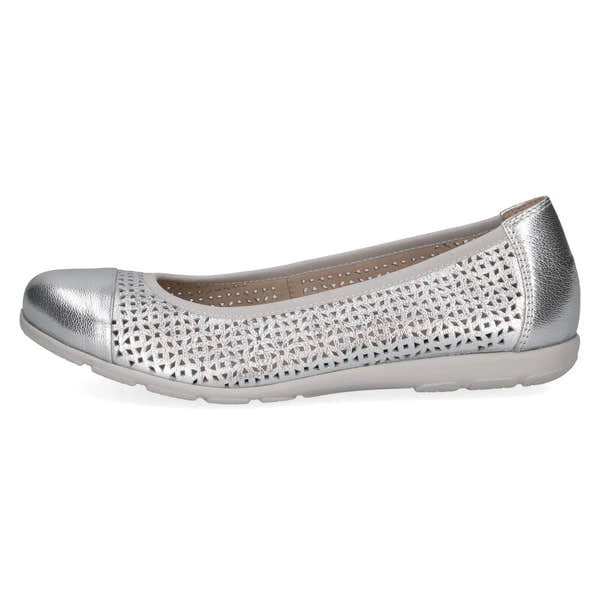 Caprice Vivian Ladies Silver Leather Slip-On Shoe with perforated design and rounded toe.