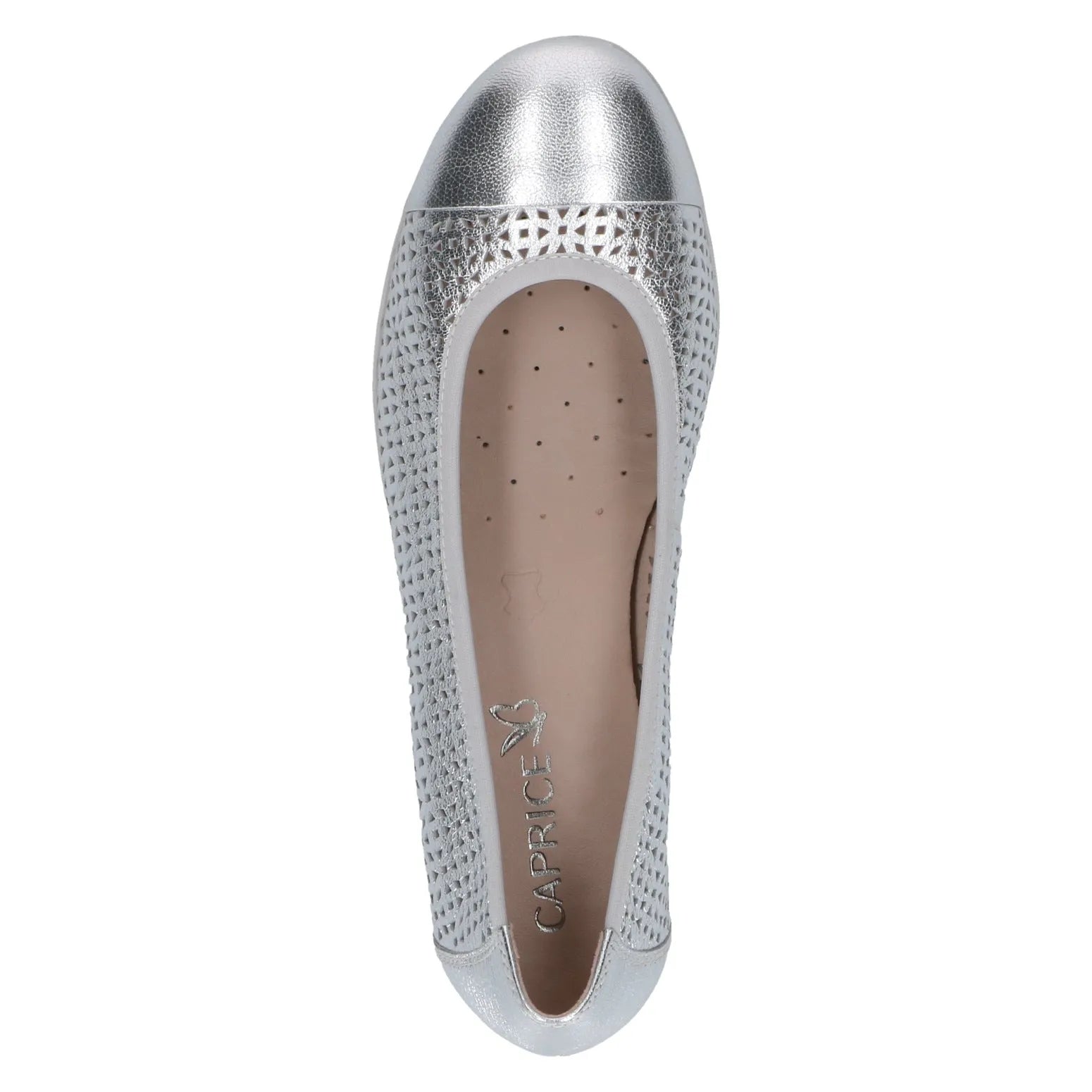 Women's silver leather slip-on shoes with cutout design and perforated interior, Caprice 9-22151-42 941 Vivian.