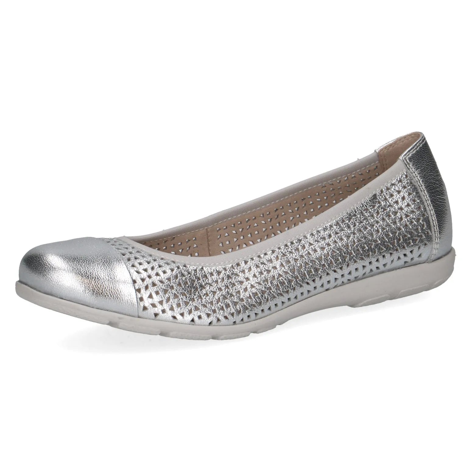 Caprice Vivian women's silver leather slip-on flats with perforated design and rounded toe.