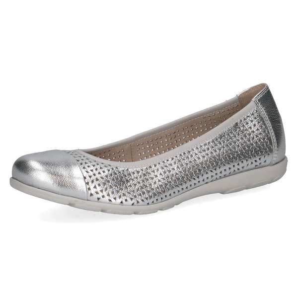 Caprice Vivian women's silver leather slip-on flats with perforated design and rounded toe.