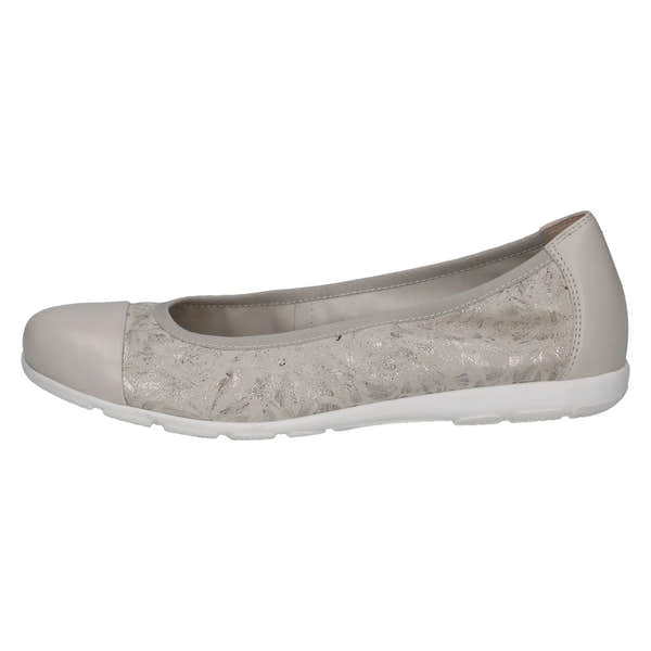 Off-white silver leather slip-on women's shoes with floral embroidery and cushioned white sole.