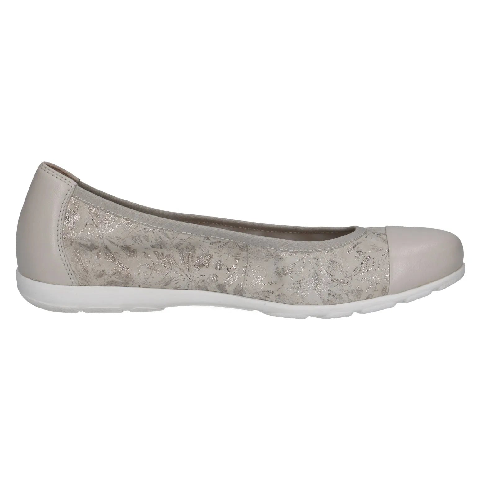 Off-white and silver leather slip-on shoes with floral pattern, rounded toe, and flat white sole.