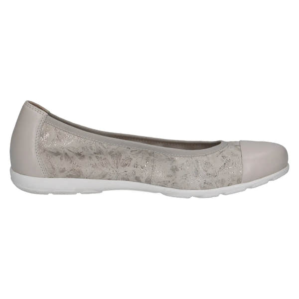 Off-white and silver leather slip-on shoes with floral pattern, rounded toe, and flat white sole.
