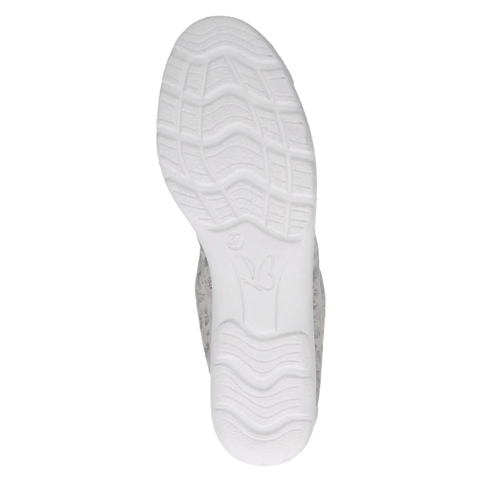 Off-white silver leather slip-on shoes with a textured sole, designed for women, size 37.
