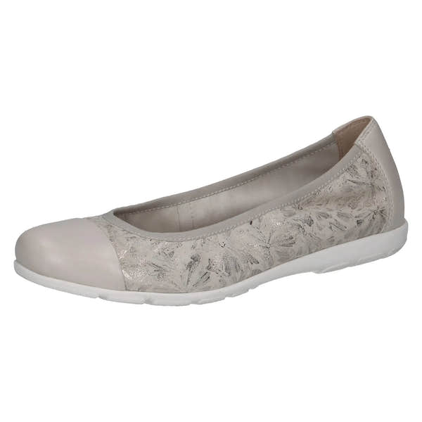 Off-white silver leather slip-on shoes with floral design, round toe, and white flexible sole.