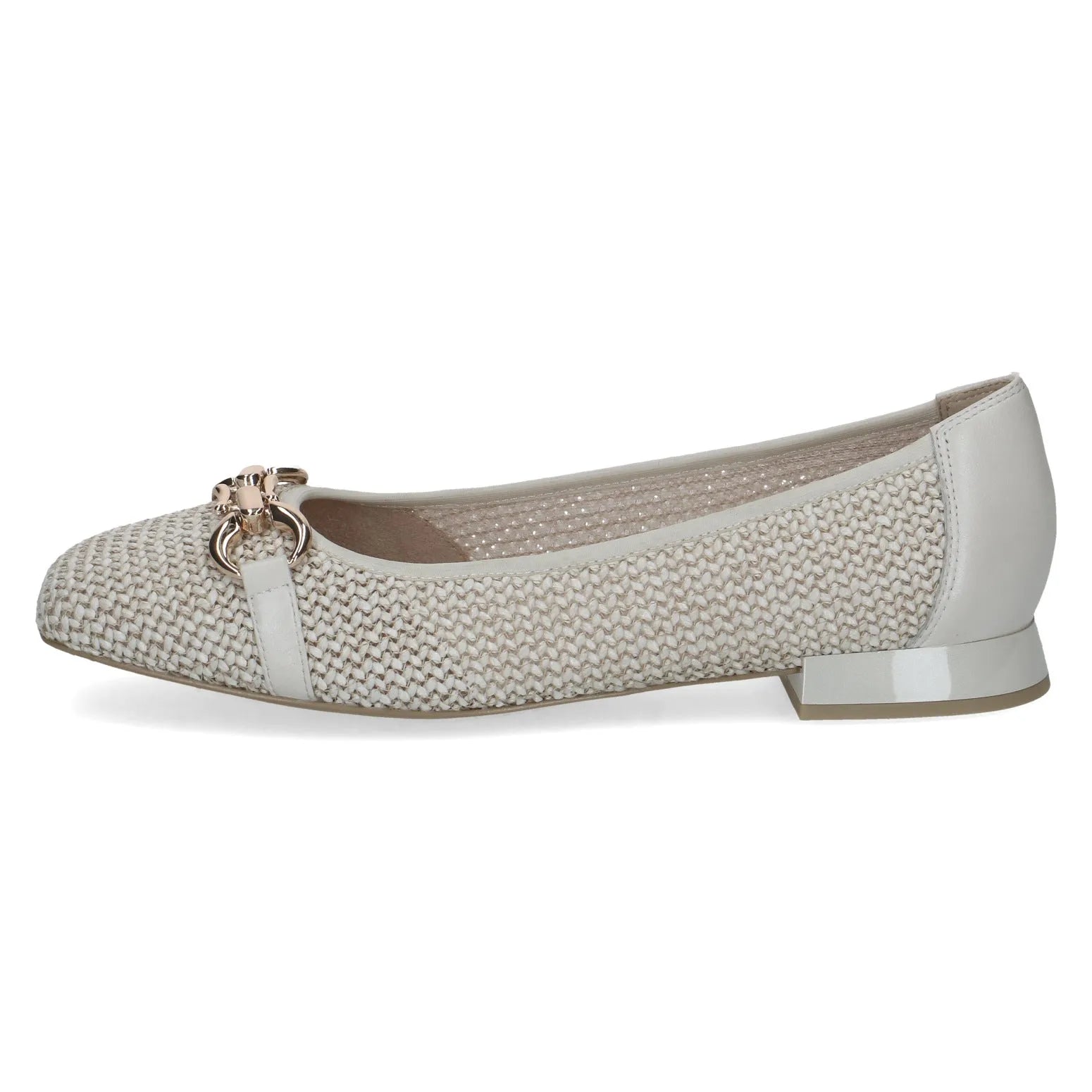 Off-white slip-on women's shoe with textured textile and leather, pointed toe, small heel, and decorative metal detail.